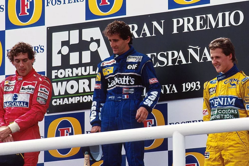 Podium: race winner Alain Prost, Williams, Ayrton Senna, McLaren, Michael Schumacher, Benetton