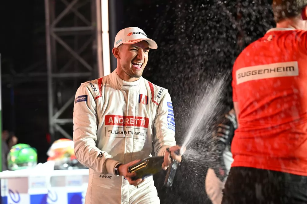 Jake Dennis, Andretti Global, 1st position, celebrates on the podium