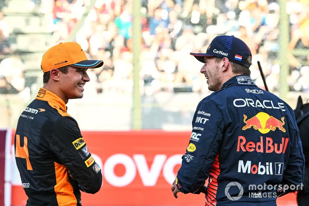 Lando Norris, McLaren, and pole man Max Verstappen, Red Bull Racing, talk after Qualifying
