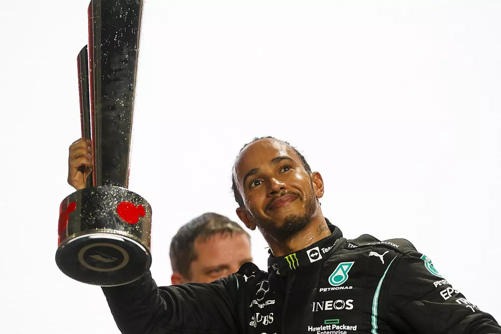 Lewis Hamilton, Mercedes, 1st position, with his trophy