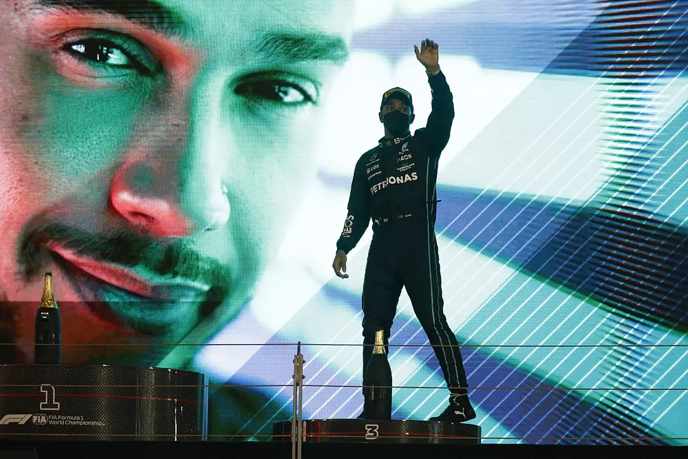 Lewis Hamilton, Mercedes-AMG, 3rd position, arrives on the podium