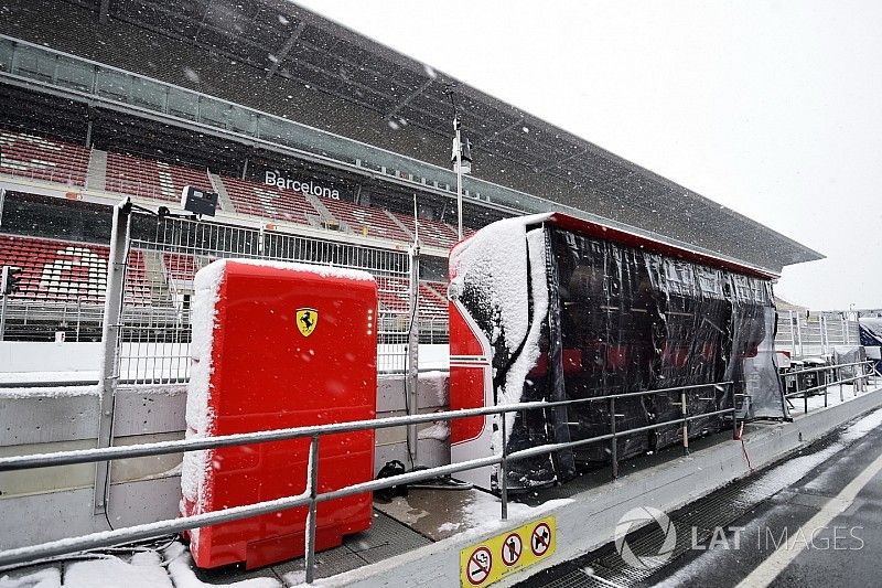 Pitlane del Circuit de Barcelona cubierto de nieve