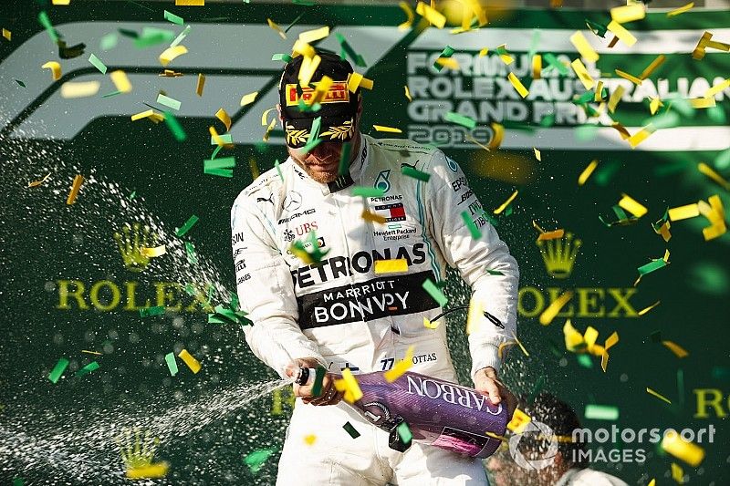 Valtteri Bottas, Mercedes AMG F1 celebrates on the podium with the champagne