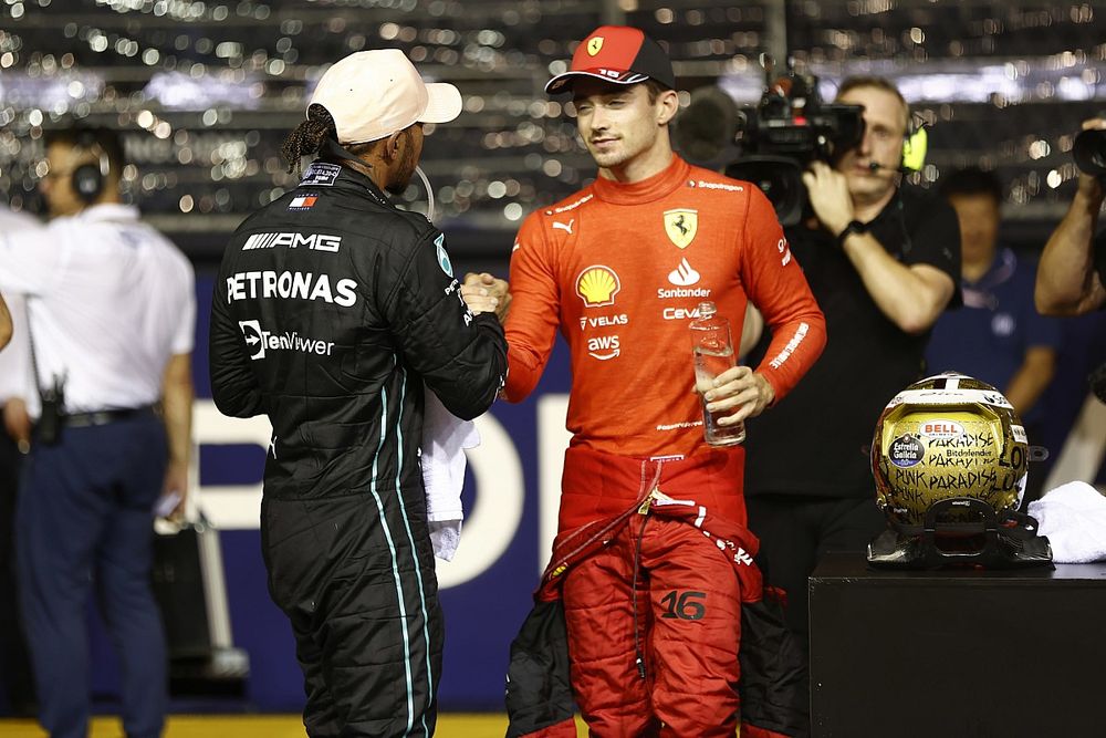 Lewis Hamilton, Mercedes AMG, pole man Charles Leclerc, Ferrari, congratulate each other in Parc Ferme