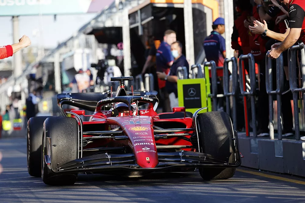 Charles Leclerc, Ferrari F1-75, 1st position, drives in to Parc Ferme