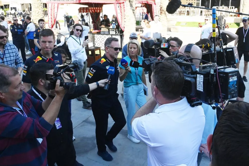 Christian Horner, Team Principal, Red Bull Racing, is surrounded by media