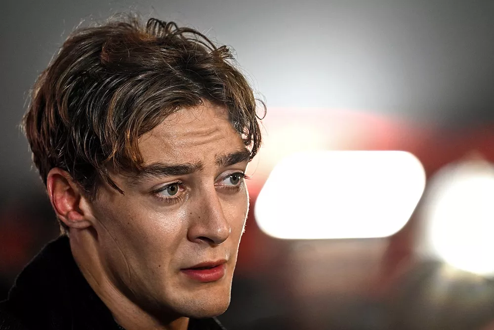 George Russell, Mercedes-AMG, talks to the media