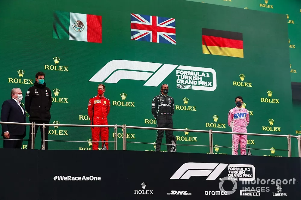 Sebastian Vettel, Ferrari, 3rd position, Lewis Hamilton, Mercedes-AMG F1, 1st position, and Sergio Perez, Racing Point, 2nd position, on the podium