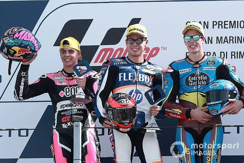 Podium : le vainqueur Augusto Fernandez, Pons HP40, le deuxi&egrave;me Fabio Di Giannantonio, Speed Up Racing, le troisi&egrave;me Alex Marquez, Marc VDS Racing