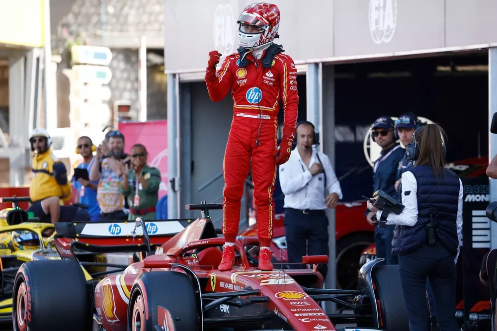 Pole man Charles Leclerc, Scuderia Ferrari, celebrates on arrival in Parc Ferme