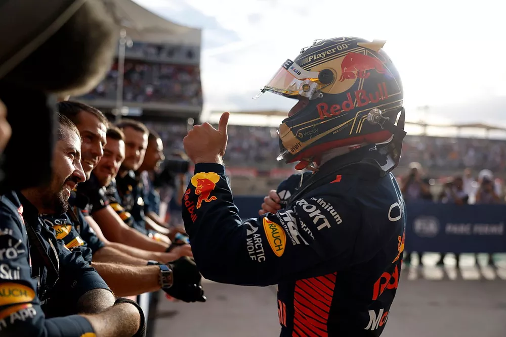 Max Verstappen, Red Bull Racing, 1st position, celebrates with his team in Parc Ferme after the Sprint race