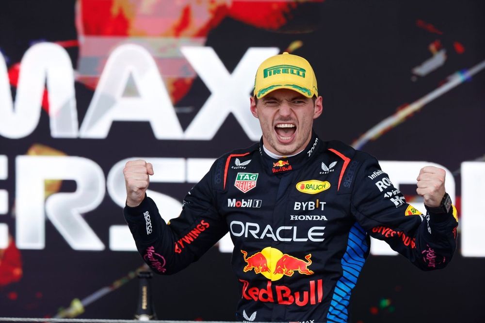 Max Verstappen, Red Bull Racing, 1st position, celebrates on the podium