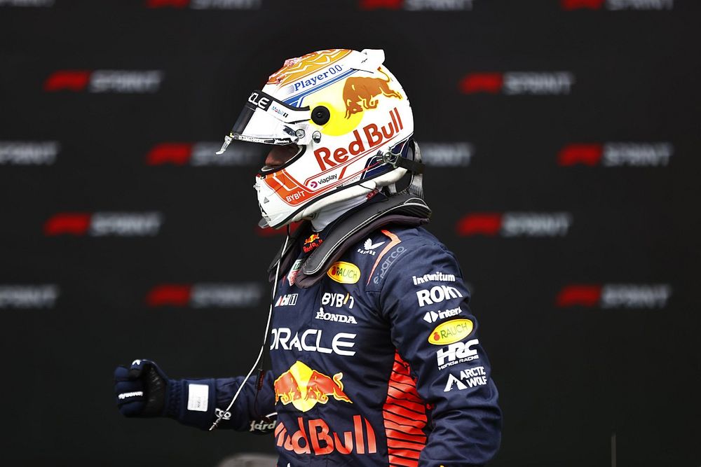 Max Verstappen, Red Bull Racing, 1st position, celebrates in Parc Ferme after the Sprint