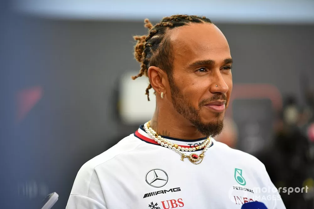 Lewis Hamilton, Mercedes-AMG, talks to the media