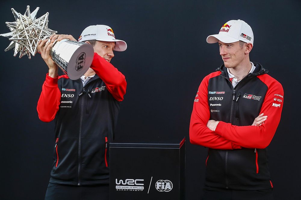 S&eacute;bastien Ogier, Toyota Gazoo Racing WRT, Elfyn Evans, Toyota Gazoo Racing WRT with the WRC Championship trophy