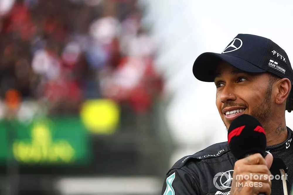 Lewis Hamilton, Mercedes AMG, 2nd position, is interviewed in Parc Ferme