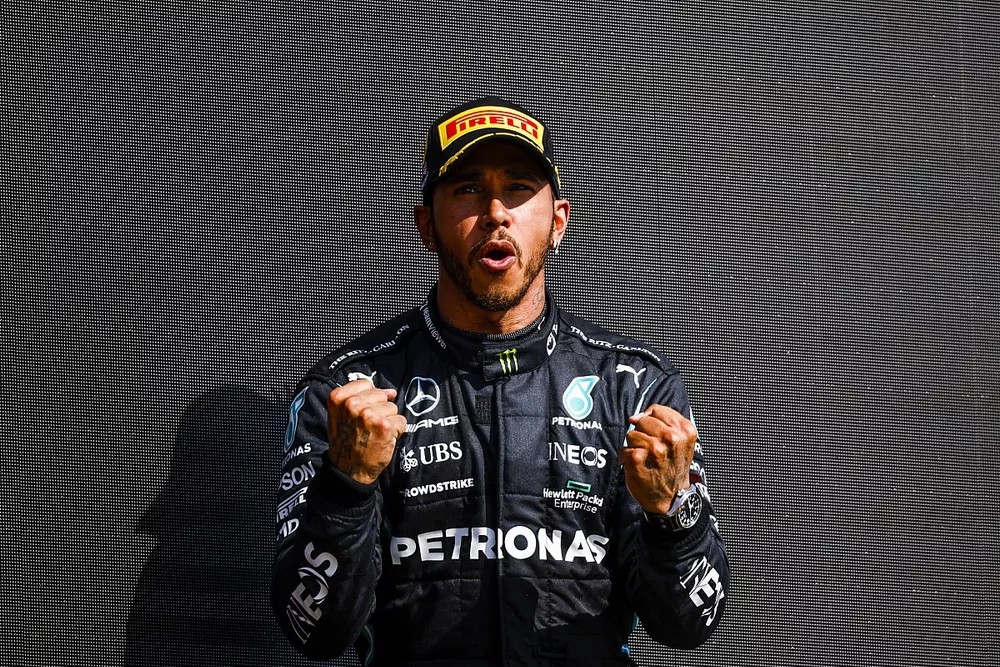 Lewis Hamilton, Mercedes, 1st position, celebrates on the podium