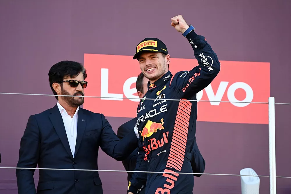 Max Verstappen, Red Bull Racing, 1st position, arrives on the podium