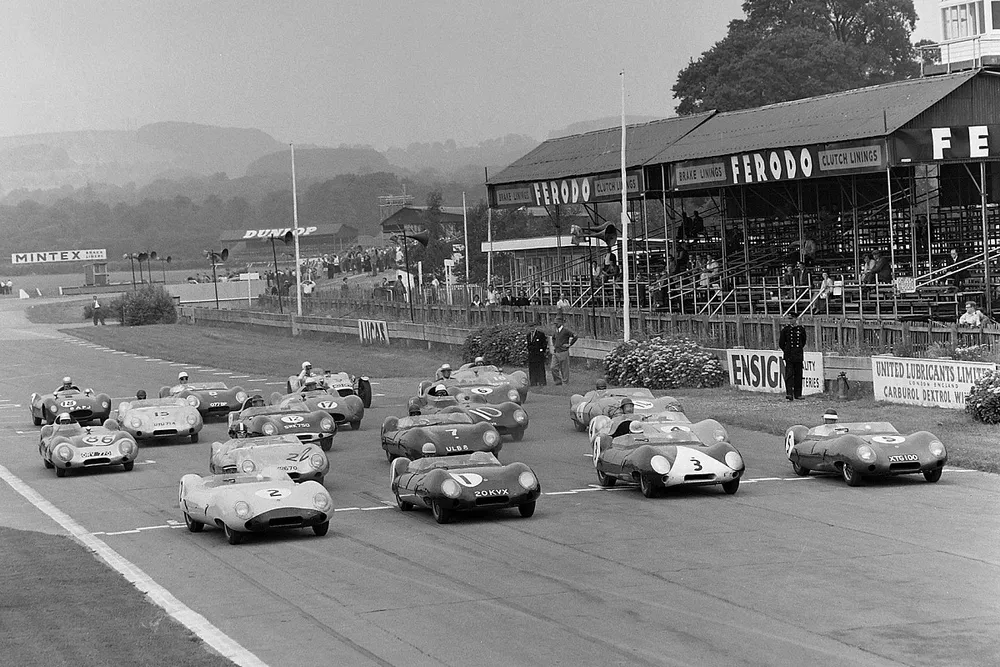 Four Lotus Elevens on the front row at the 30th MM in July 1958. Michael Taylor (2) will take one of his six MM victories