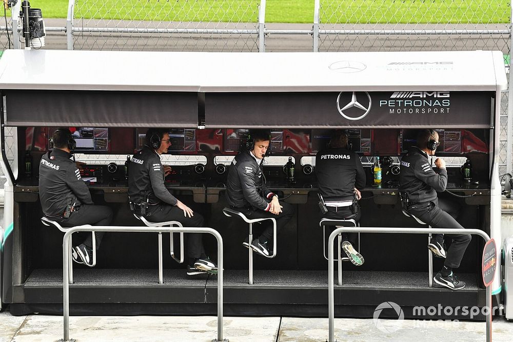 The Mercedes team on the pit wall