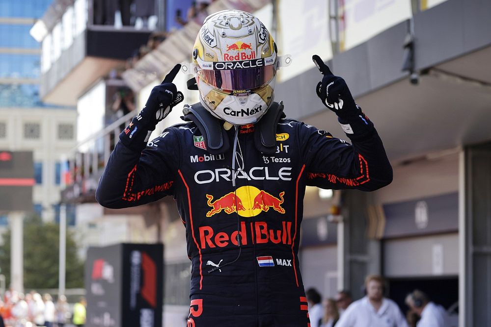 Max Verstappen, Red Bull Racing, 1st position, celebrates on arrival in Parc Ferme
