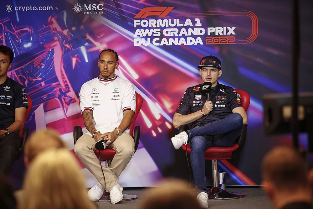 Lewis Hamilton, Mercedes-AMG, Max Verstappen, Red Bull Racing, en conf&eacute;rence de presse