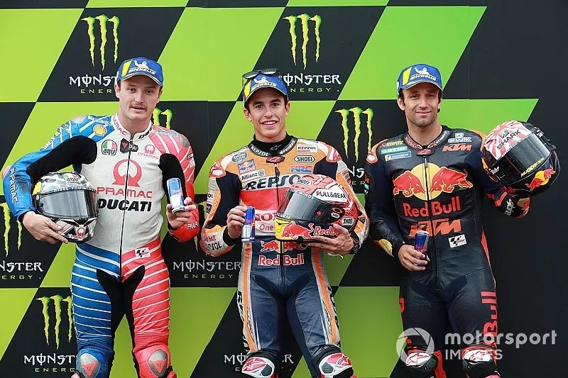 Pole sitter Marc Marquez, Repsol Honda Team, second place Jack Miller, Pramac Racing, third place Johann Zarco, Red Bull KTM Factory Racing
