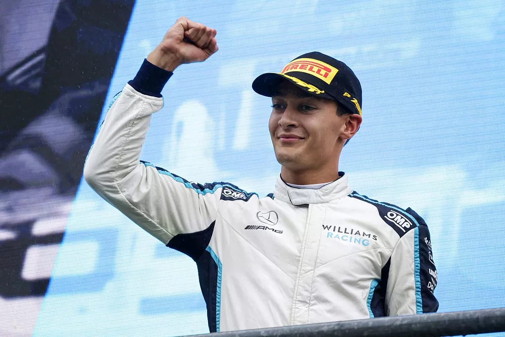 George Russell, Williams, 2nd position, celebrates on the podium