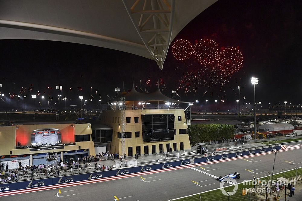 Fireworks light the sky at the end of the race as George Russell, Williams Racing FW42, crosses the line