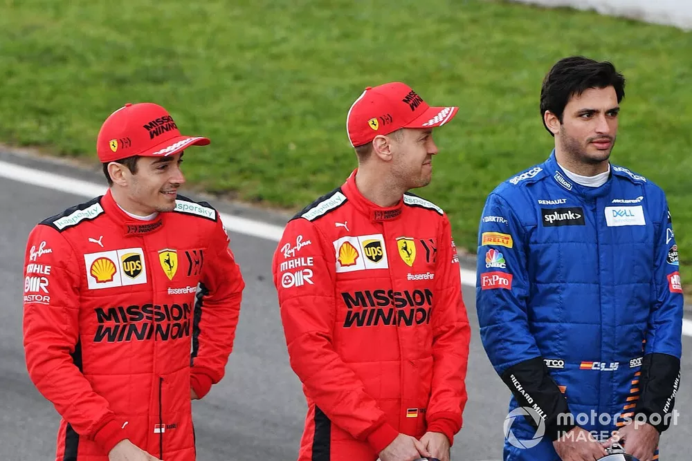 Charles Leclerc, Ferrari, Sebastian Vettel, Ferrari and Carlos Sainz, McLaren 