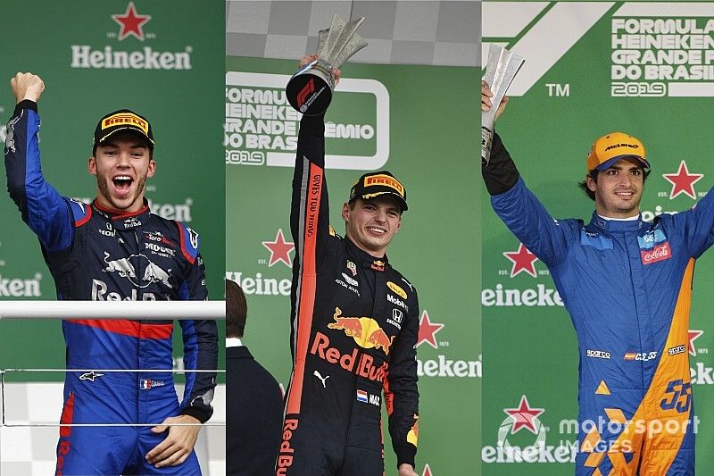 Podio: Pierre Gasly, Toro Rosso, 2ª posición, Max Verstappen, Red Bull Racing, 1ª posición, y Carlos Sainz Jr, McLaren, 3ª posición