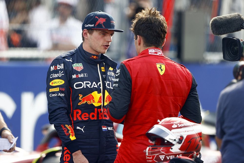 Max Verstappen, Red Bull Racing, talks with pole man Charles Leclerc, Ferrari, after Qualifying