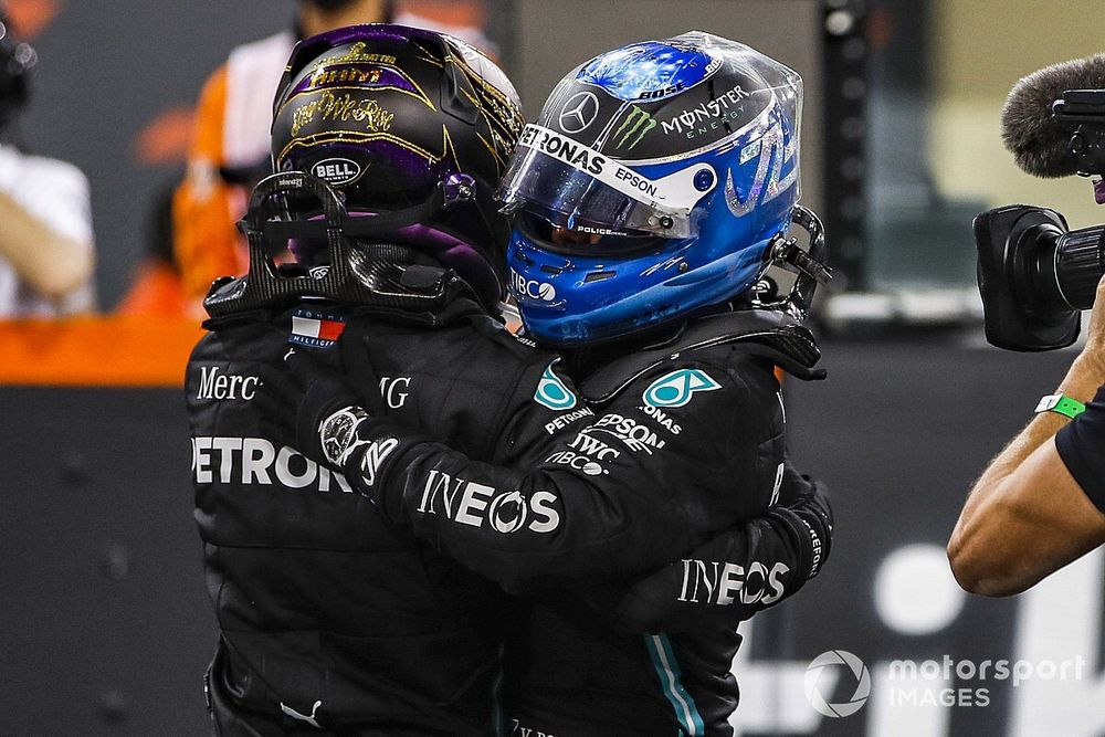 Lewis Hamilton, Mercedes-AMG F1, 3rd position, and Valtteri Bottas, Mercedes-AMG F1, 2nd position, congratulate each other at the end of the race