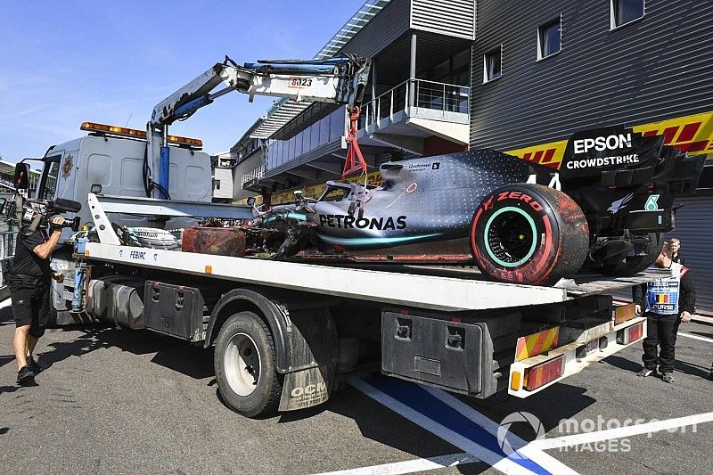 Car of Lewis Hamilton, Mercedes F1 AMG W10 after his crash