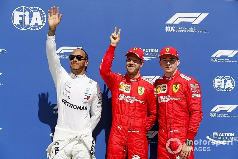 Lewis Hamilton, Mercedes AMG F1, Pole Sitter Sebastian Vettel, Ferrari and Charles Leclerc, Ferrari