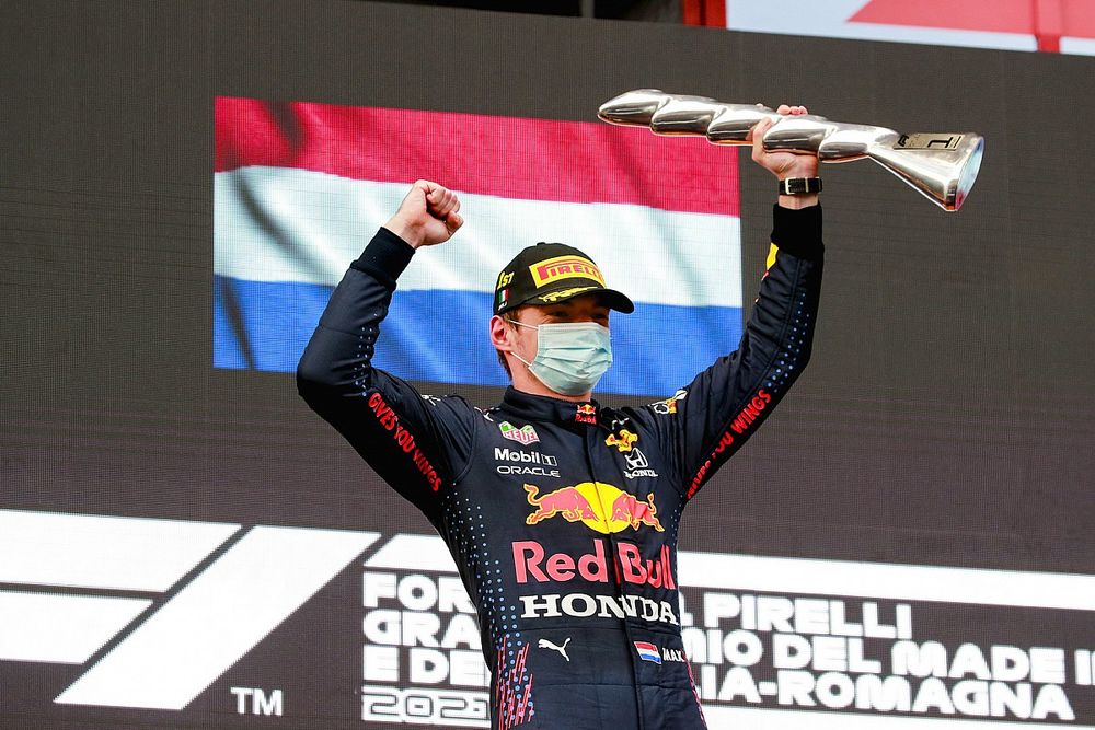 Max Verstappen, Red Bull Racing, 1st position, with his trophy