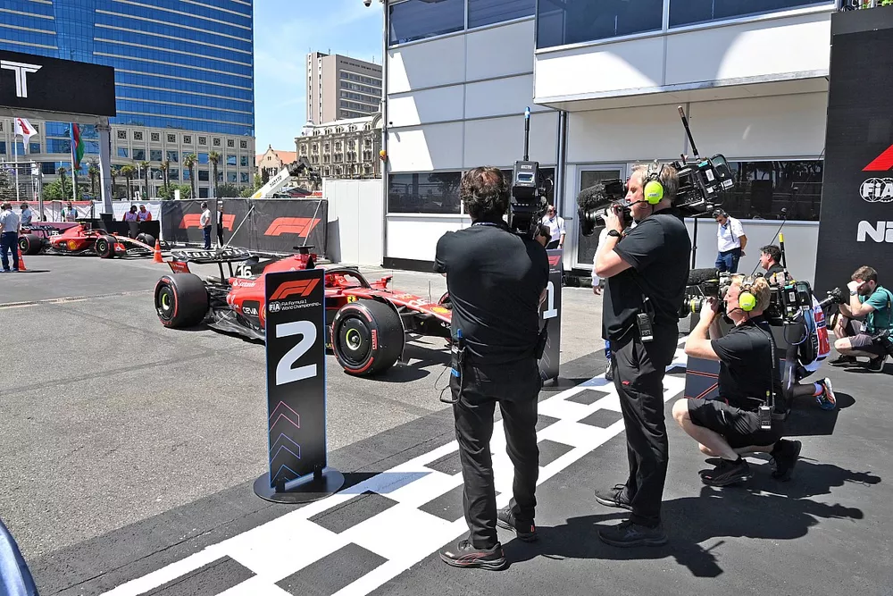 TC camera operators capture the moment Sprint pole winner Charles Leclerc, Ferrari SF-23, arrives in Parc Ferme