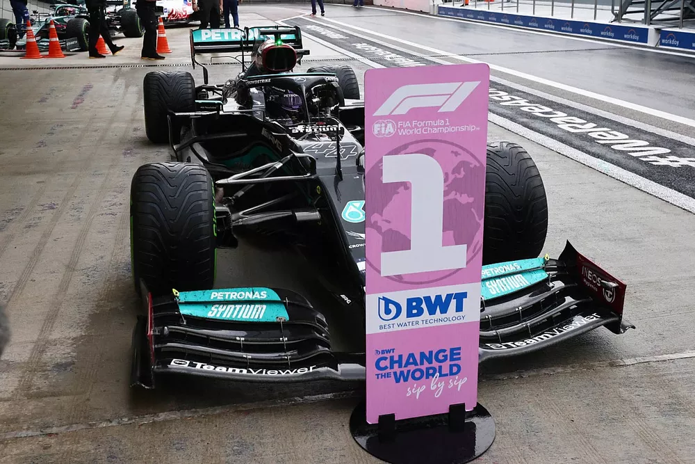 Lewis Hamilton, Mercedes W12, 1st position, arrives in Parc Ferme