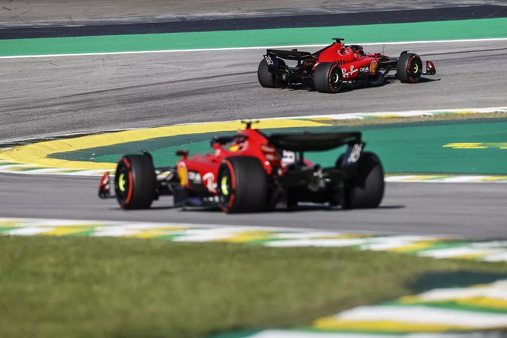 Charles Leclerc, Ferrari SF-23, leads Carlos Sainz, Ferrari SF-23