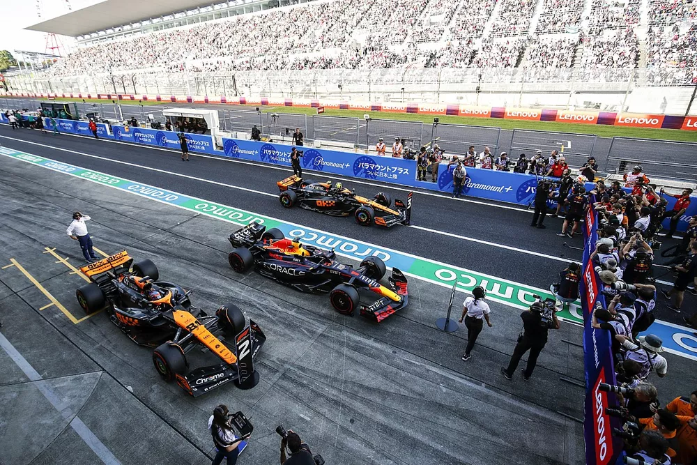Top three qualifiers Oscar Piastri, McLaren MCL60, pole man Max Verstappen, Red Bull Racing RB19, Lando Norris, McLaren MCL60, in Parc Ferme