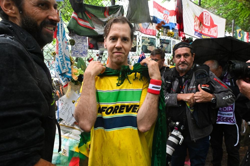 Sebastian Vettel at the Ayrton Senna memorial statue