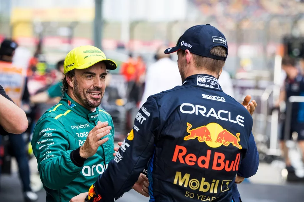 Pole Man Max Verstappen, Red Bull Racing, Fernando Alonso, Aston Martin F1 Team, in Parc Ferme after Qualifying 