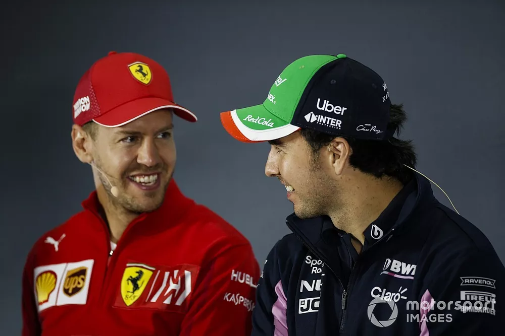 Sergio Perez, Racing Point and Sebastian Vettel, Ferrari in the Press Conference