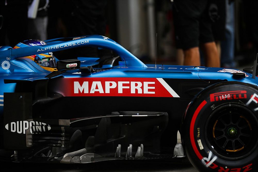 Fernando Alonso, Alpine A521, leaves the garage