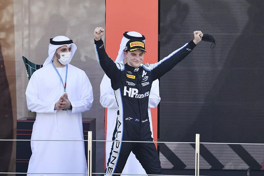 Oscar Piastri, Prema Racing celebrates on the podium