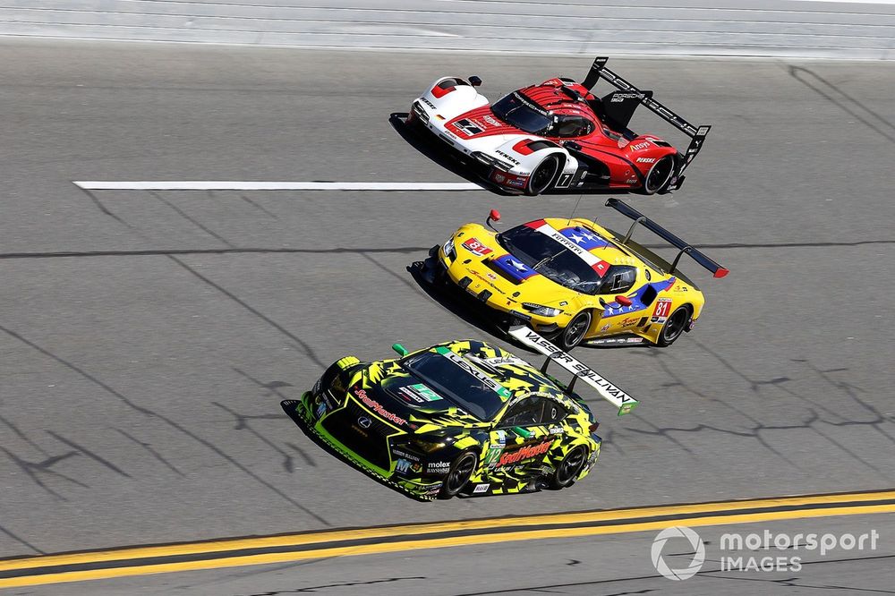 #12 Vasser Sullivan Racing Lexus RC F GT3: Jack Hawksworth, Parker Thompson, Frankie Montecalvo, Kyle Kirkwood. #81 DragonSpeed Ferrari 296 GT3: Albert Costa, Davide Rigon, Miguel Molina, Thomas Neubauer, #7 Porsche Penske Motorsport Porsche 963: Felipe Nasr, Nick Tandy, Laurens Vanthoor