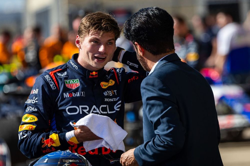 Mohammed Ben Sulayem, President, FIA, congratulates Max Verstappen, Red Bull Racing, 3rd position, in Parc Ferme