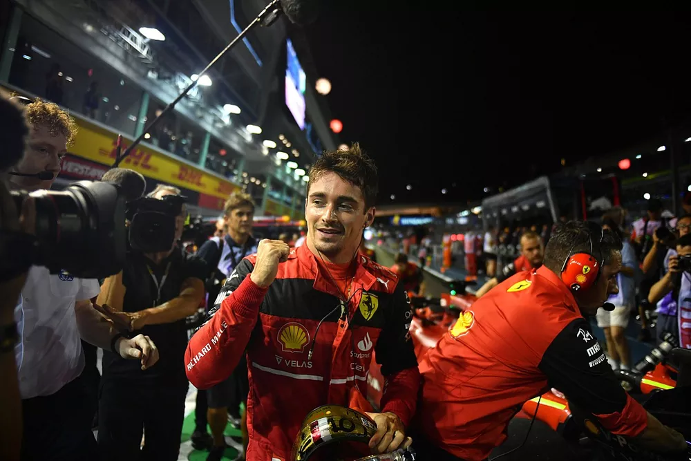 Pole man Charles Leclerc, Ferrari, celebrates in Parc Ferme