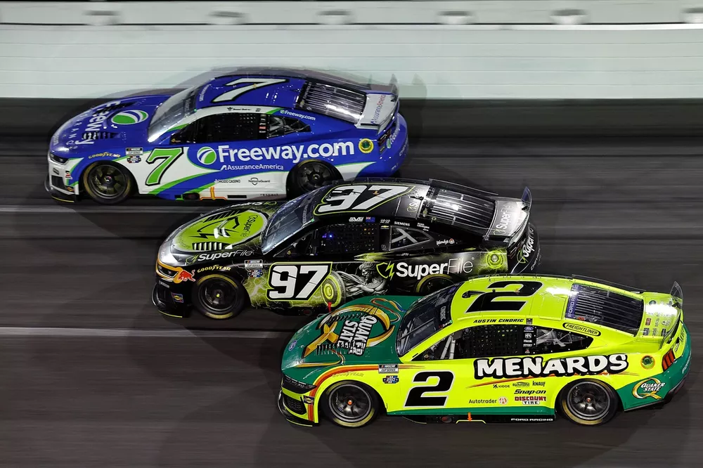 Daniel Suarez, No. 7 Spire Motorsports Chevrolet; Shane van Gisbergen, No. 97 Trackhouse Racing Chevrolet; Austin Cindric, No. 2 Team Penske Ford