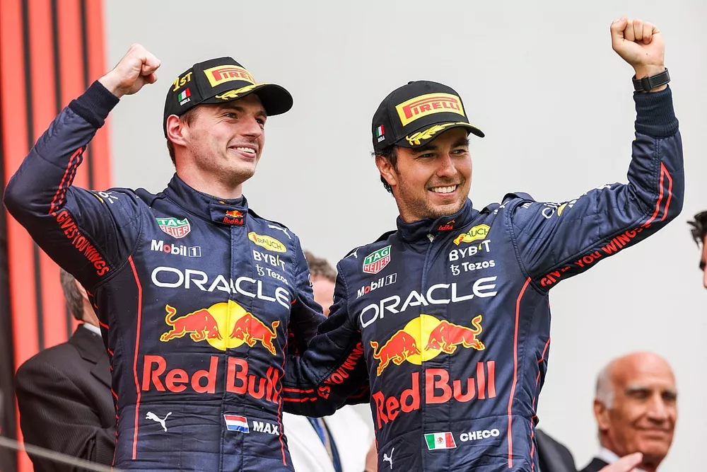 Podium: race winner Max Verstappen, Red Bull Racing, second place Sergio Perez, Red Bull Racing